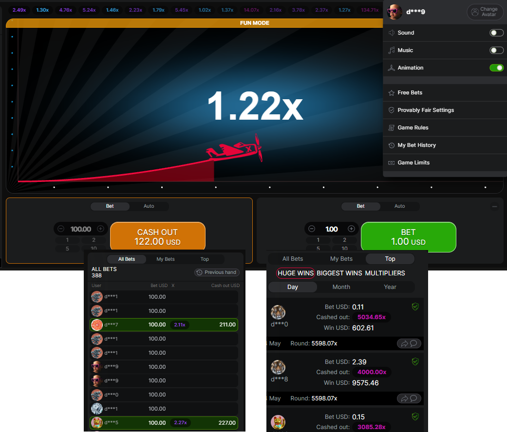 A screenshots of the Aviator game displaying betting options, multiplier, settings menu and statistacs panel